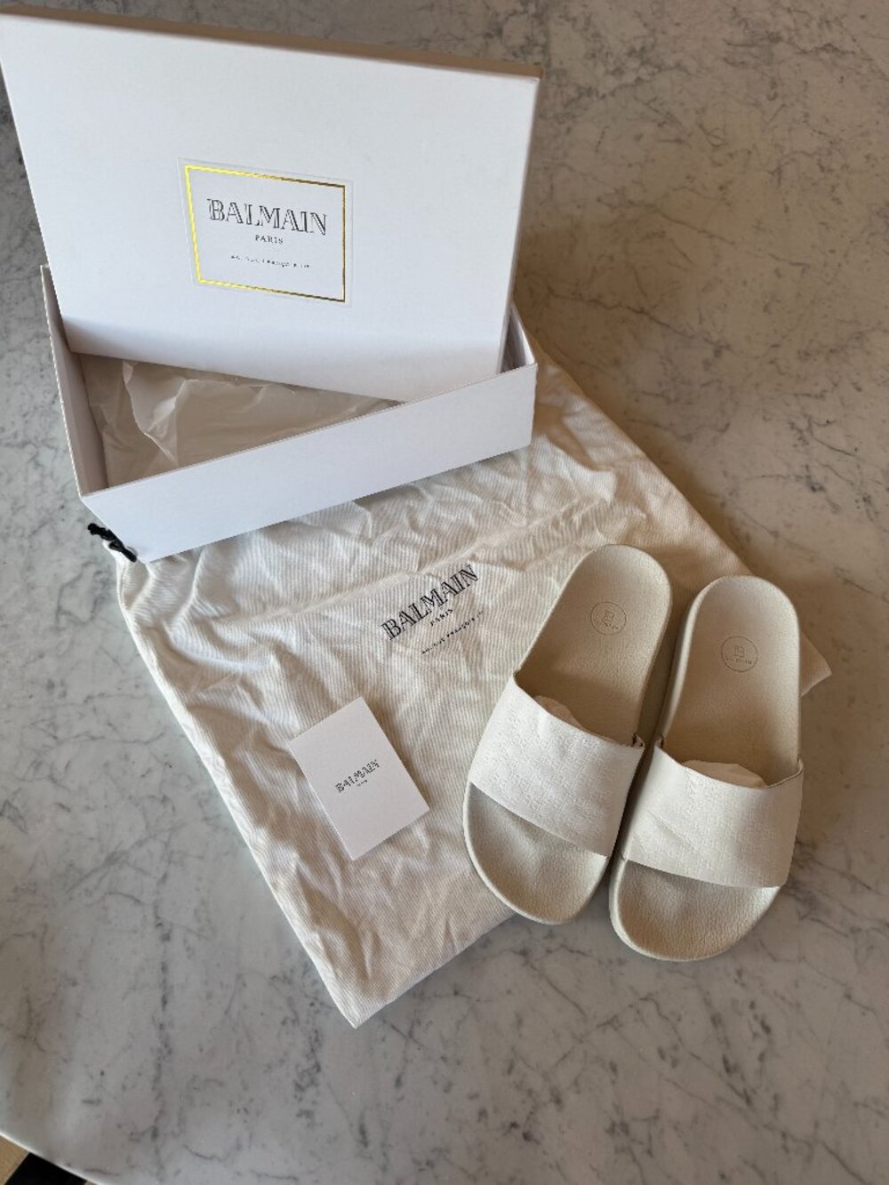 Balmain Embossed Monogram Pool Slides | White | EU 38 / US 7.5 | Box & Dust Bag